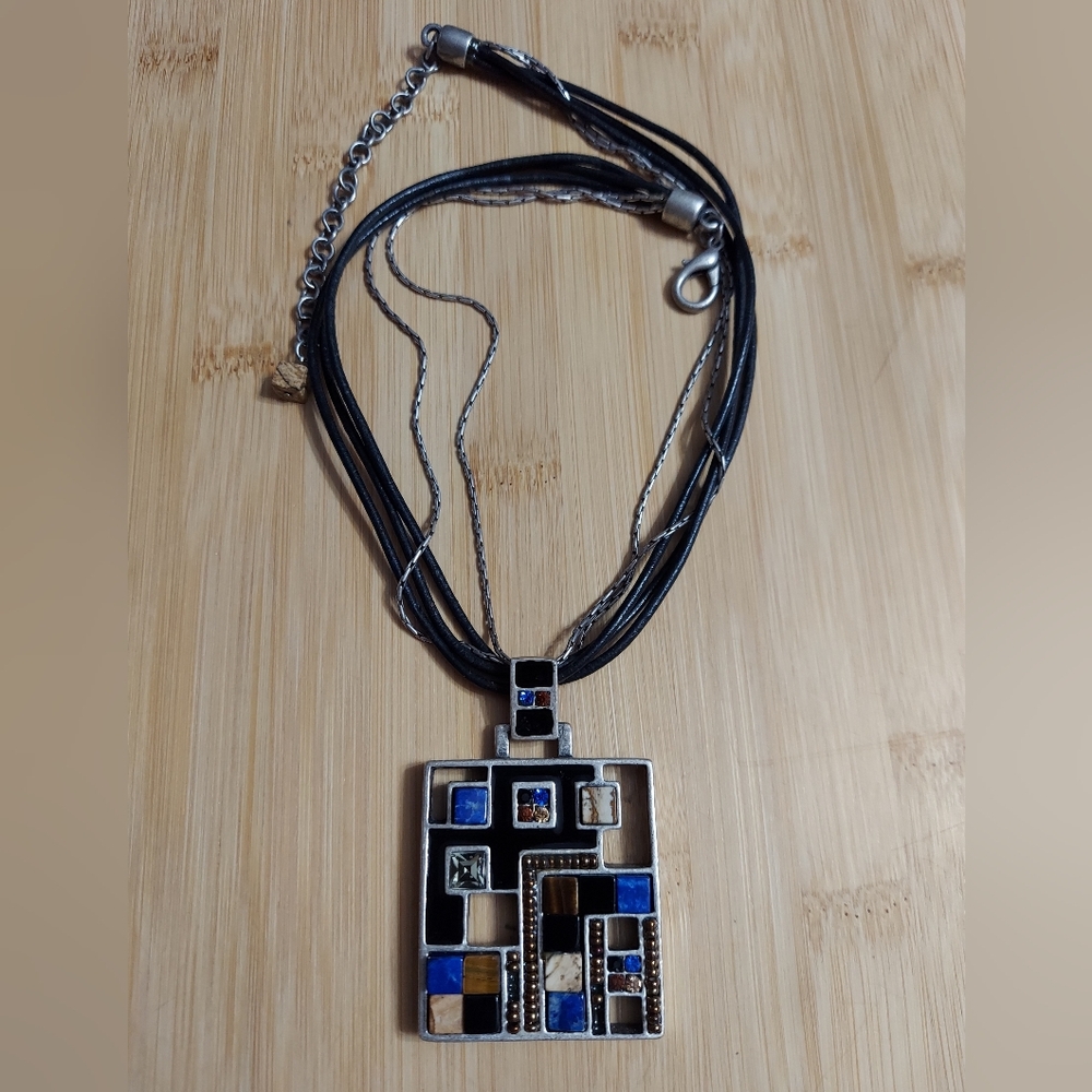 Vintage Chico's Silver 'Modernist' Inlay Stone & Crystal Pendant Necklace